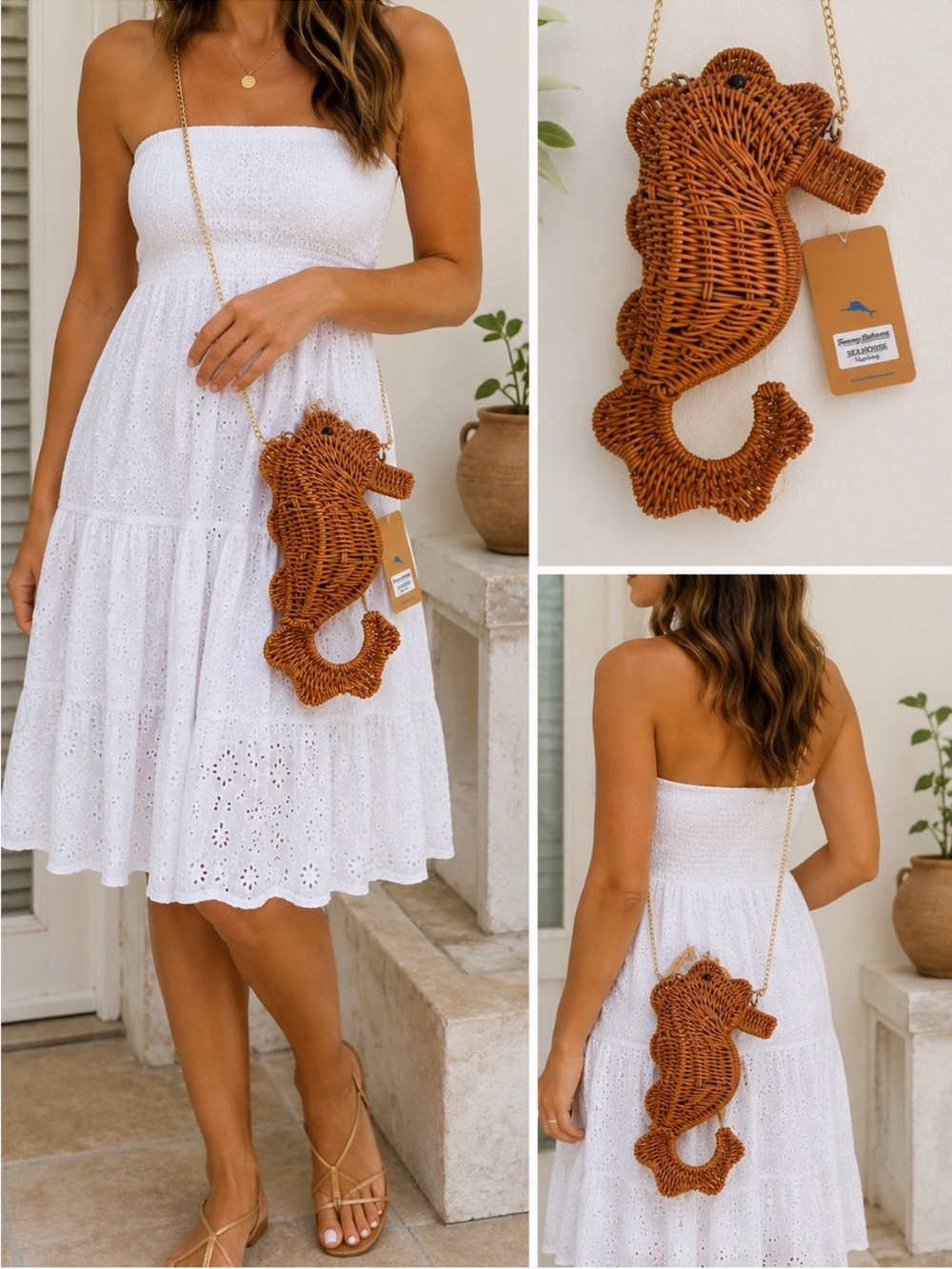 NWT- VIRAL TOMMY BAHAMA SEAHORSE WOVEN WICKER BAG WITH GOLD CROSSBODY CHAIN